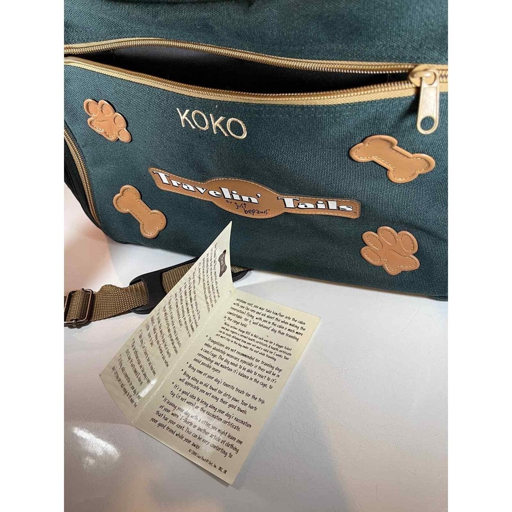 Just Bepaws Dog Travel Bag Green Tan‎ Personalized "KOKO" Tote Boutique Pet Gear - Picture 6 of 13